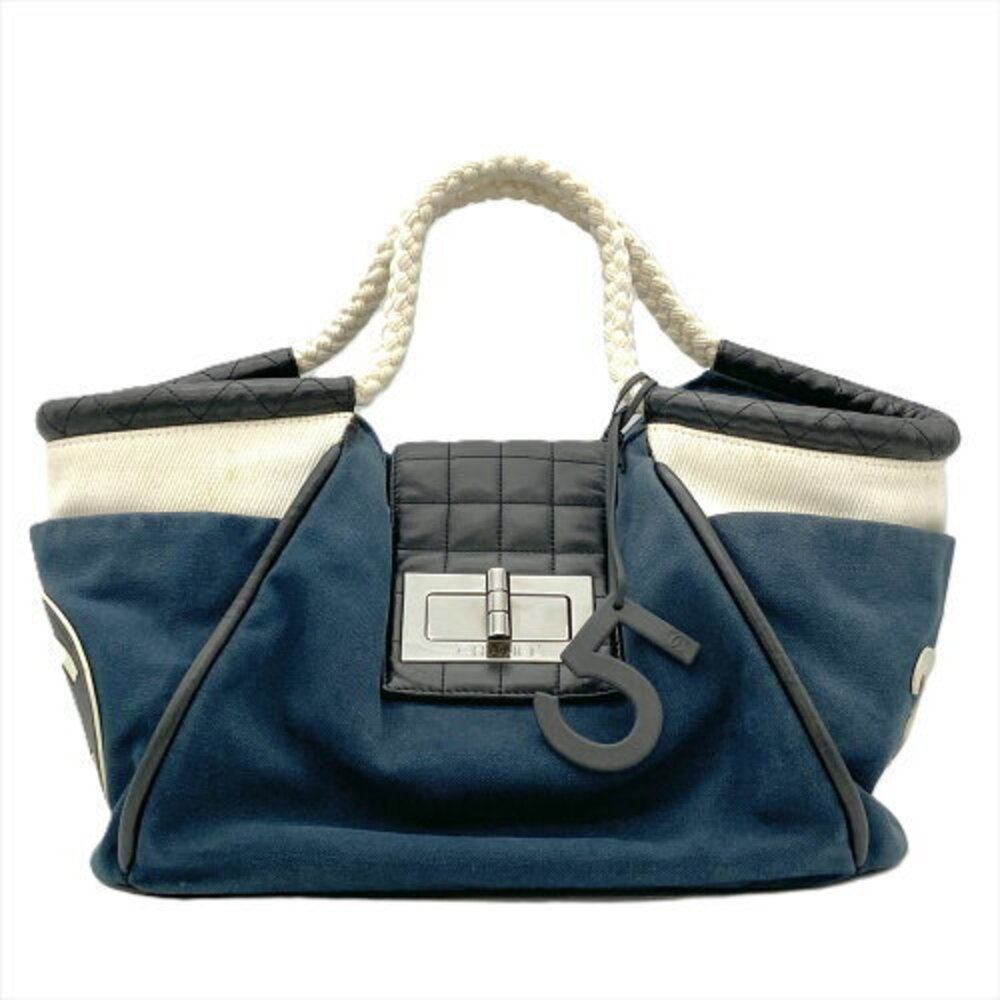 Chanel Coco Mark Chocolate Brown Bar Canvas Handbag Navy Blue Rope Handles